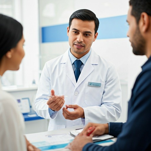 Pharmacist pointing to a medical chart while talking to a patient