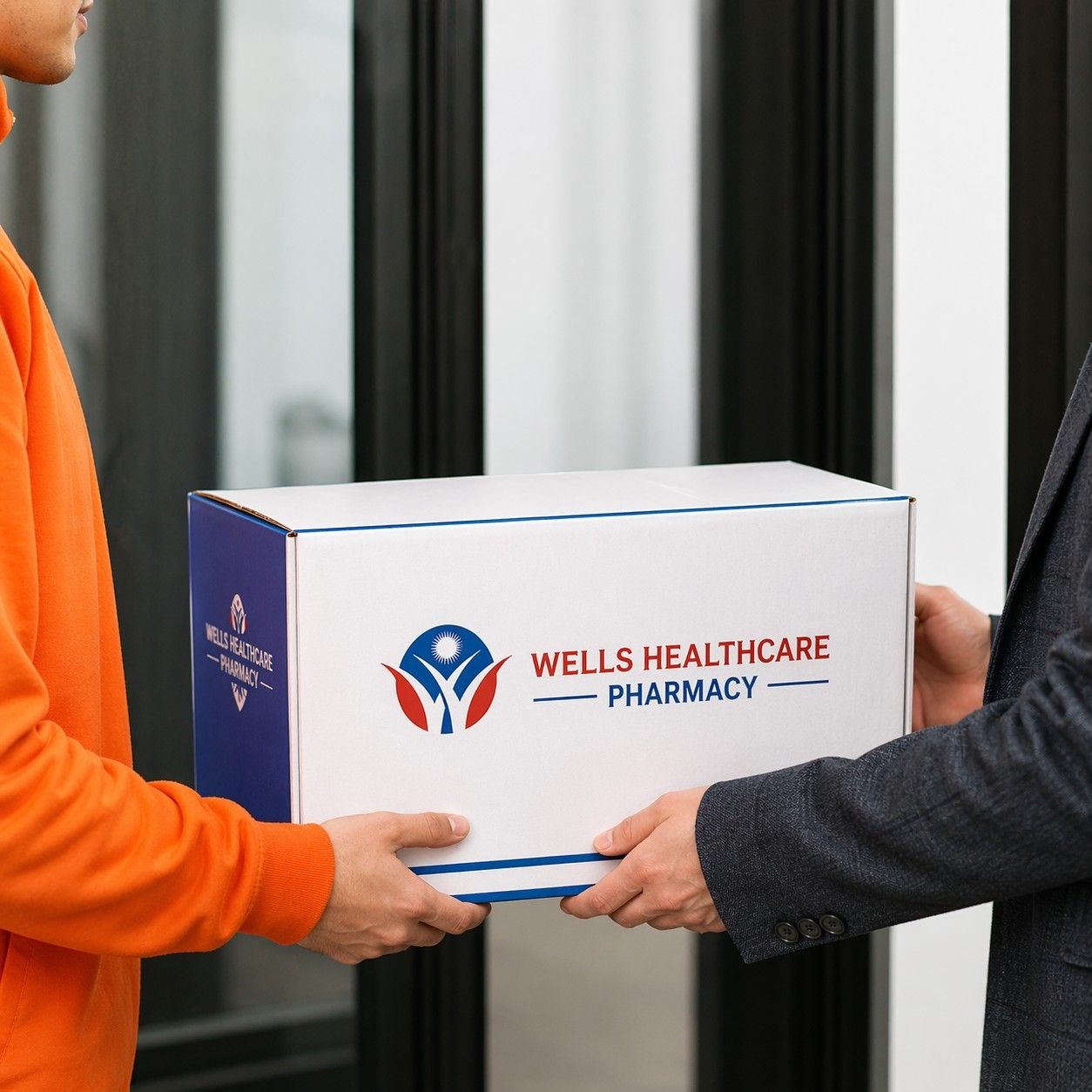 Delivery person handing a pharmacy package to a customer at their door
