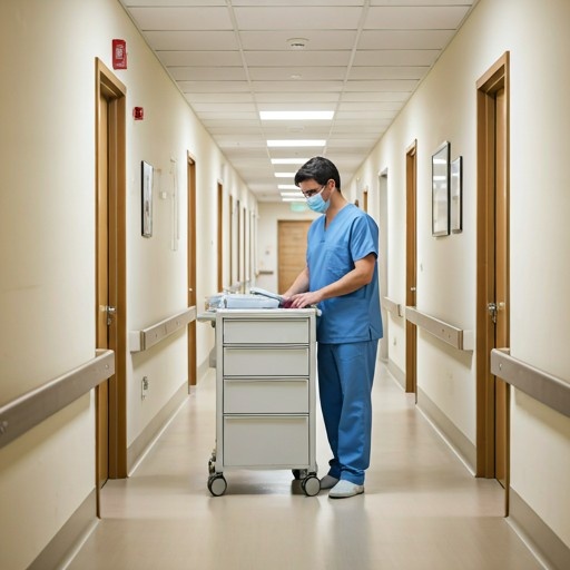 Nursing home corridor with a healthcare professional checking a medical cart