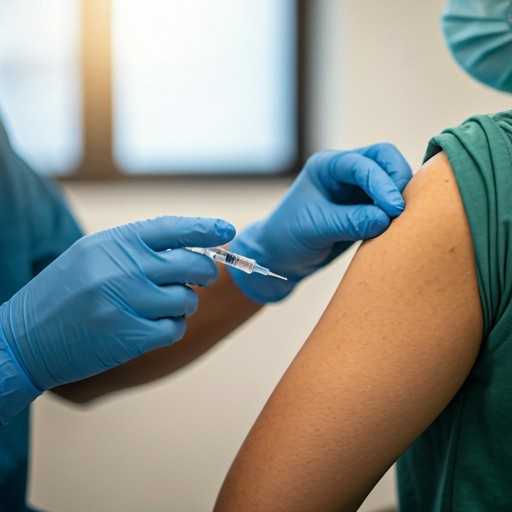 A healthcare professional administering a vaccine to a patient's arm